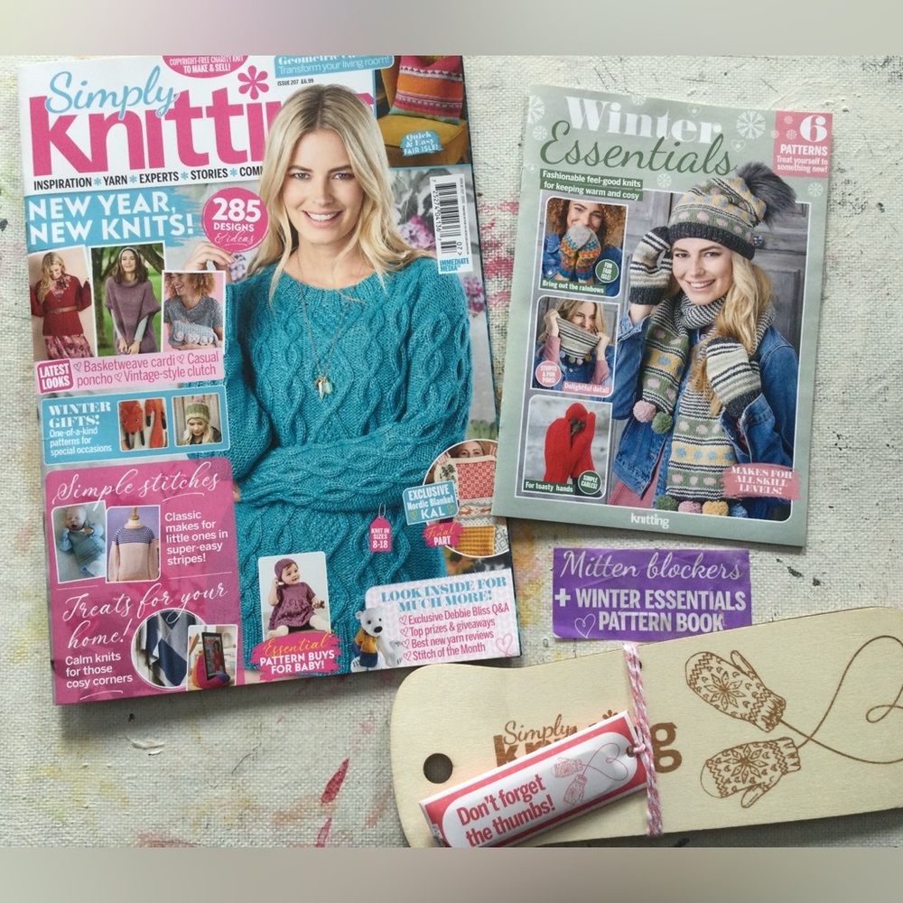 Simply Knitting Magazine with wooden mitten blockers